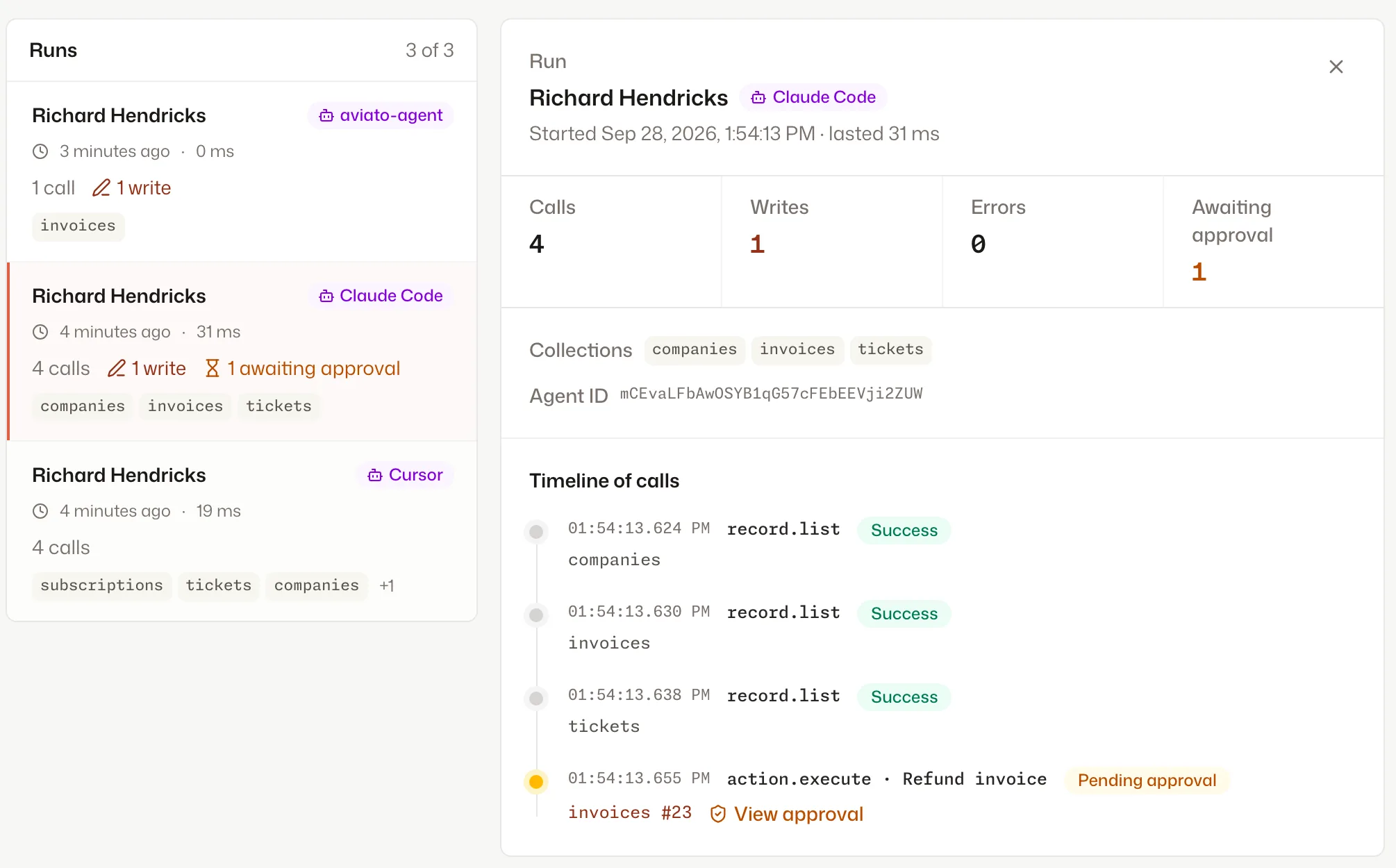 The AI agent activity page: a Claude Code run with three reads and a refund waiting for approval.