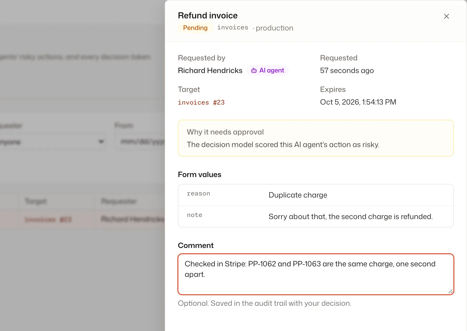 The approval drawer for the refund request, with the reason, the form values and a reviewer’s comment.